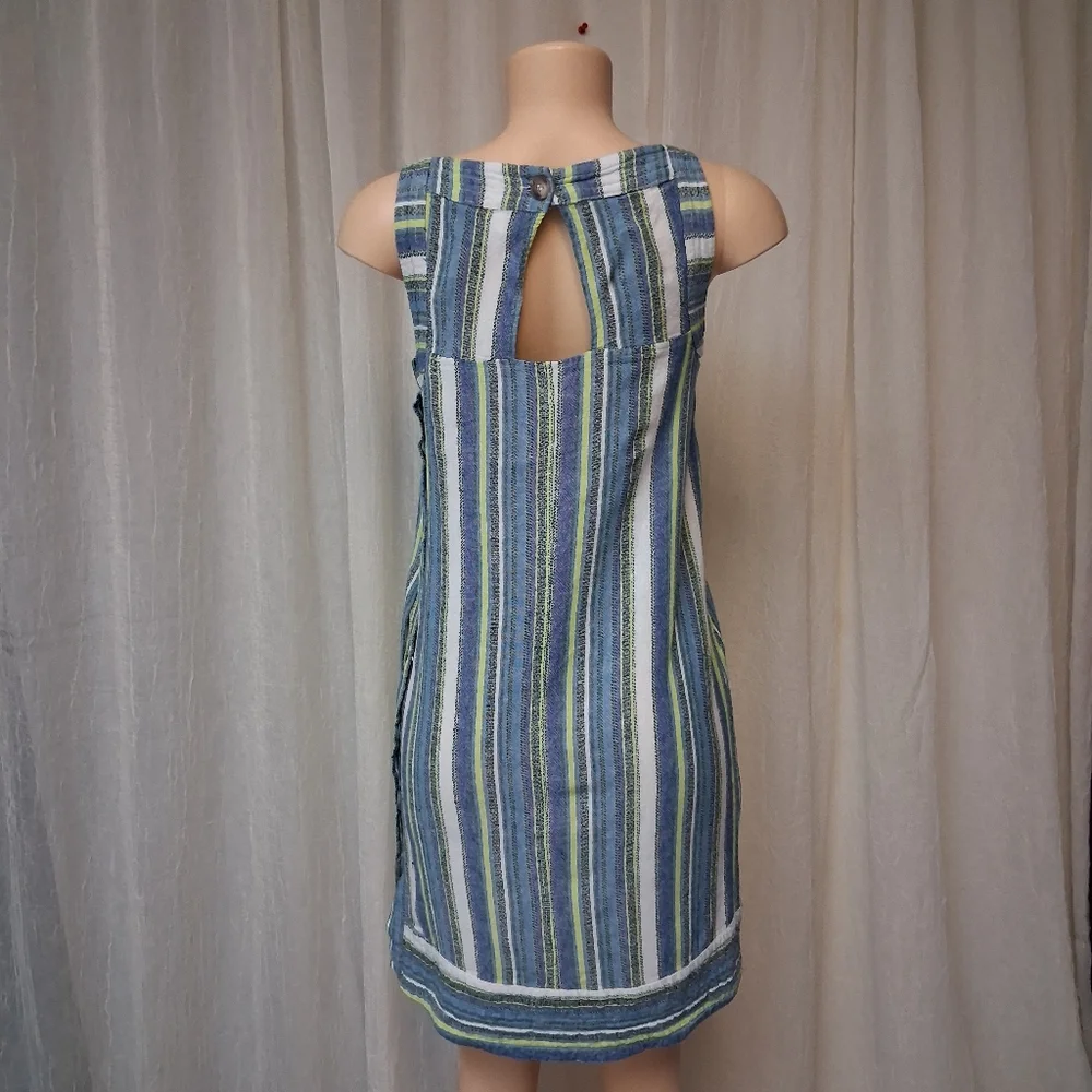 For Cynthia Blue and Green Striped Mini Dress Women Sz XS 55%Lino 48% Viscose - Picture 3 of 16